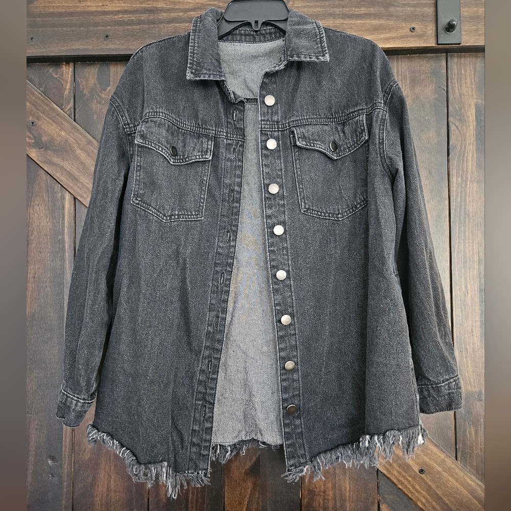 Frayed Hem Black Denim Jacket